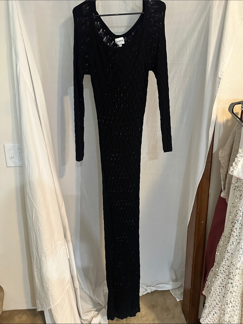 Long Black Ribbed Knit Maxi Dress with Long Sleeves